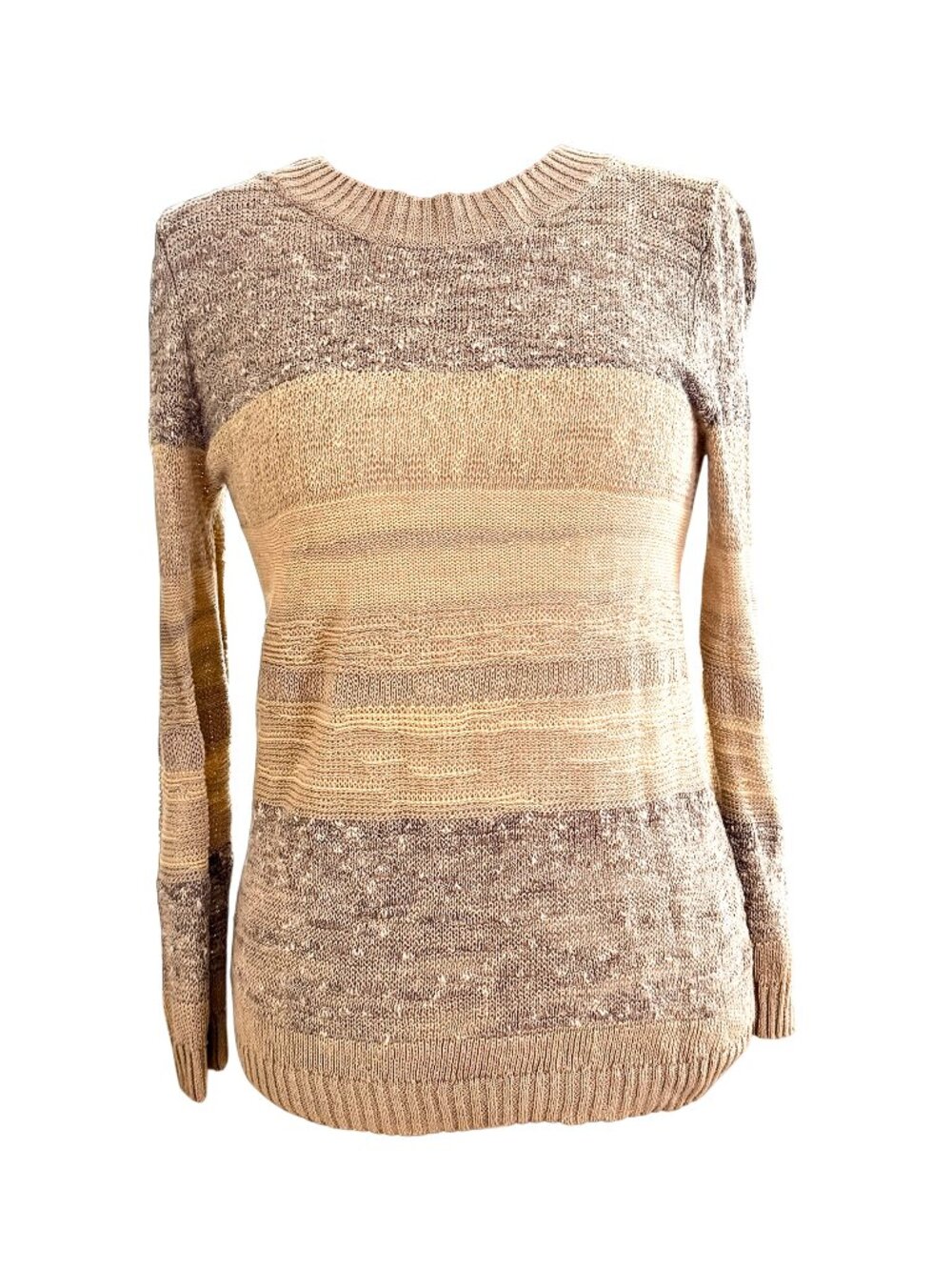 Lafayette 148 Sweater Medium Long Sleeve Hemp Blend Knit Beige Gray Striped EUC!